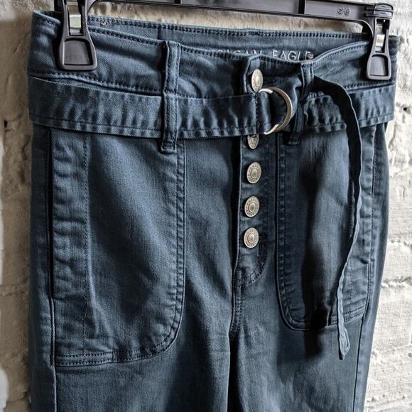 Y2K Minimalist High Waist Denim Dark Academia Super Stretch Belted Button Jeans - Picture 4 of 5